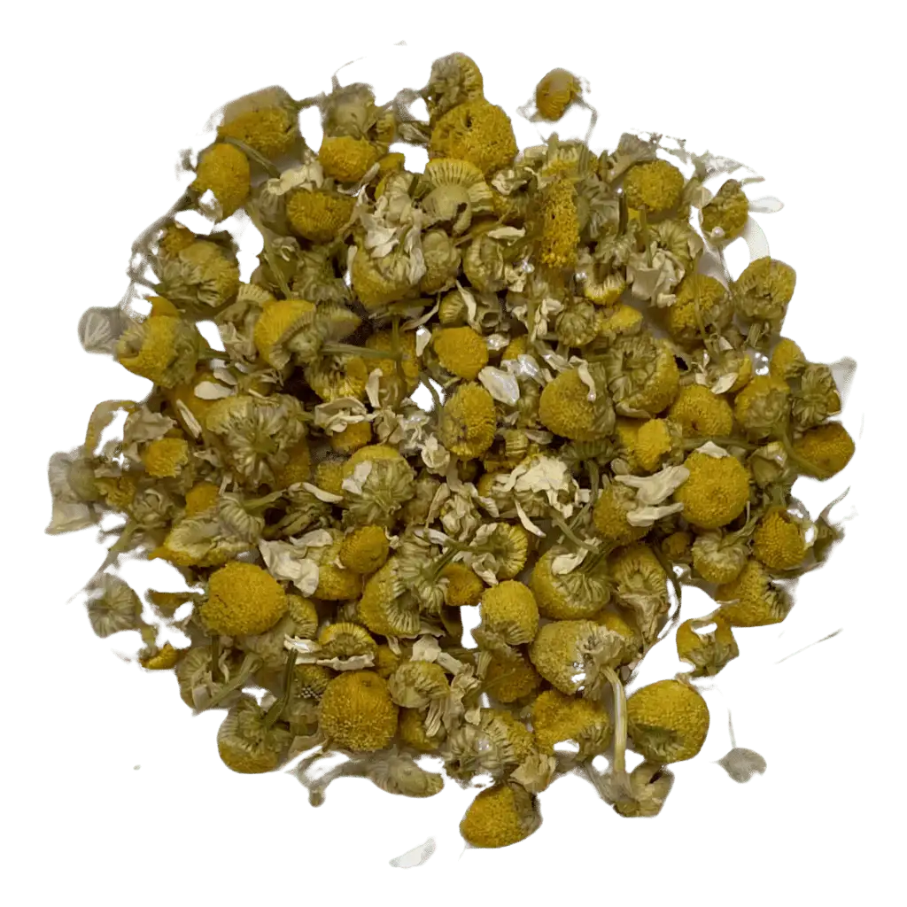 Loose leaf chamomile herbal tea ingredients. The tea contains organic chamomile | tea + munchies