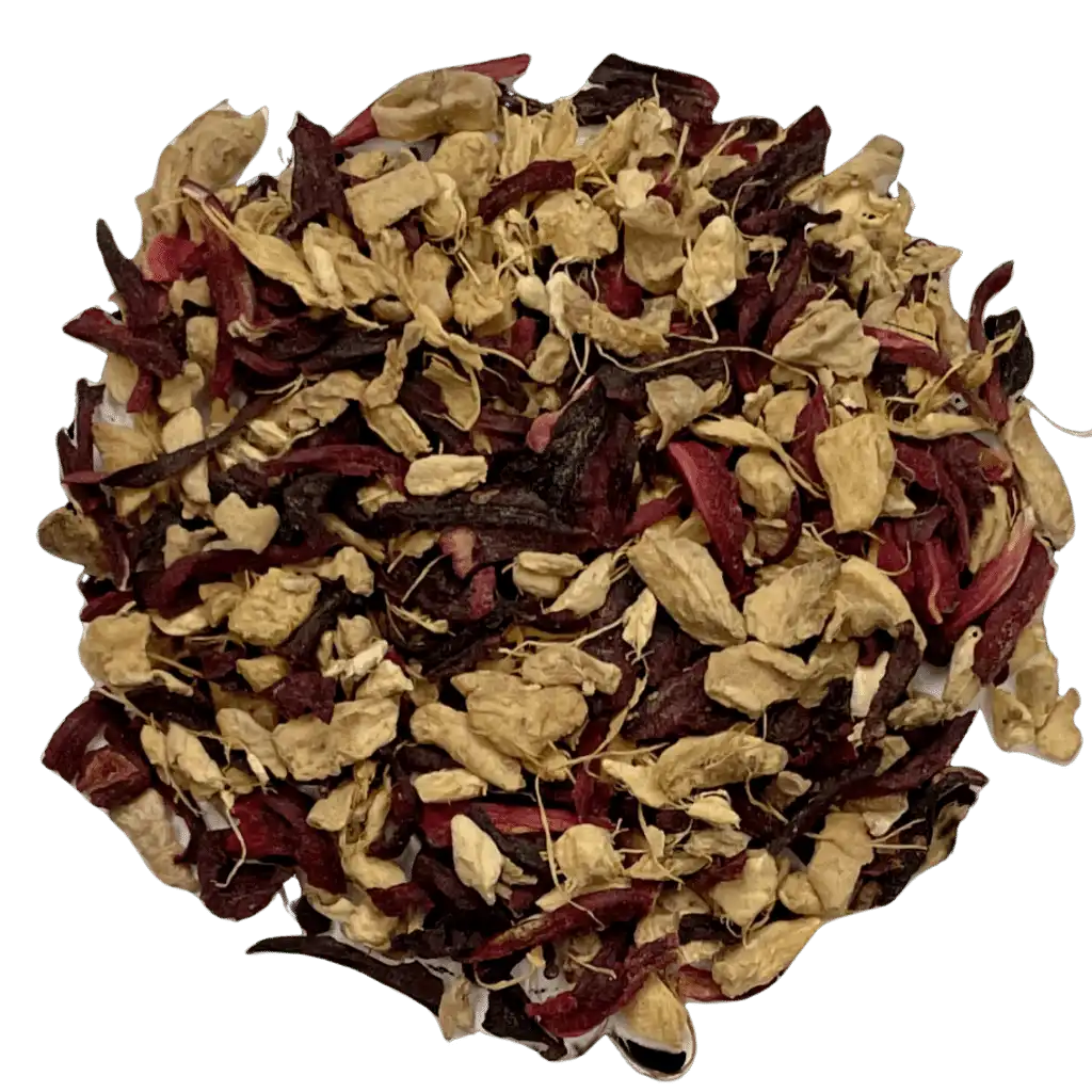 Loose leaf hibiscus ginger herbal tea ingredients. The tea contains organic ginger root and hibiscus flower | tea + munchies