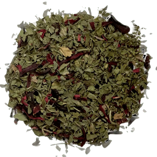 Loose leaf hibiscus mint herbal tea ingredients. The tea contains organic peppermint and hibiscus flower | tea + munchies