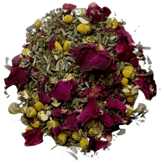 Loose leaf lullaby herbal tea ingredients. The tea contains rose petals, and organic peppermint, chamomile, and lavender | tea + munchies
