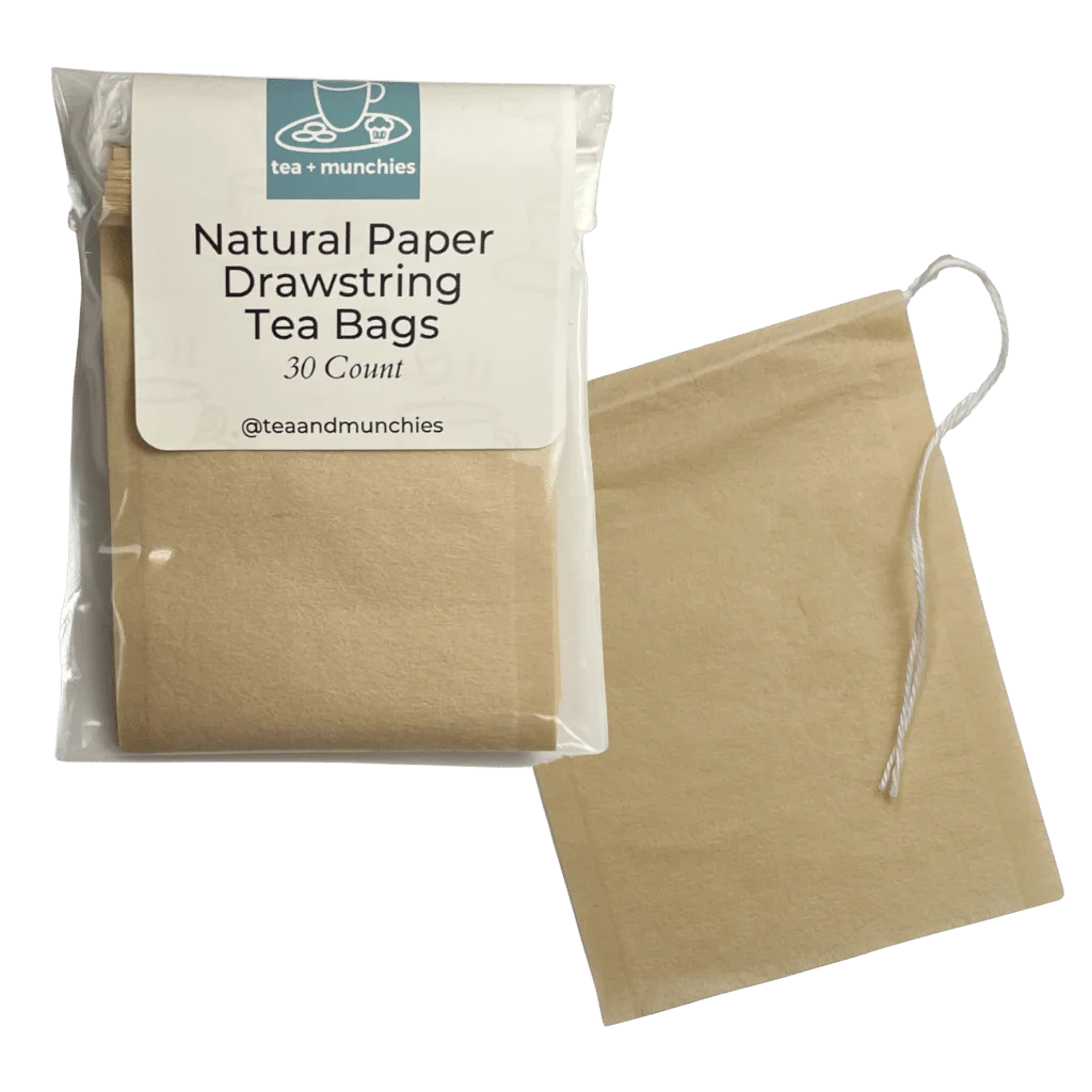 Front side of package of 30 natural paper drawstring tea bags and one standalone tea bag | tea + munchies