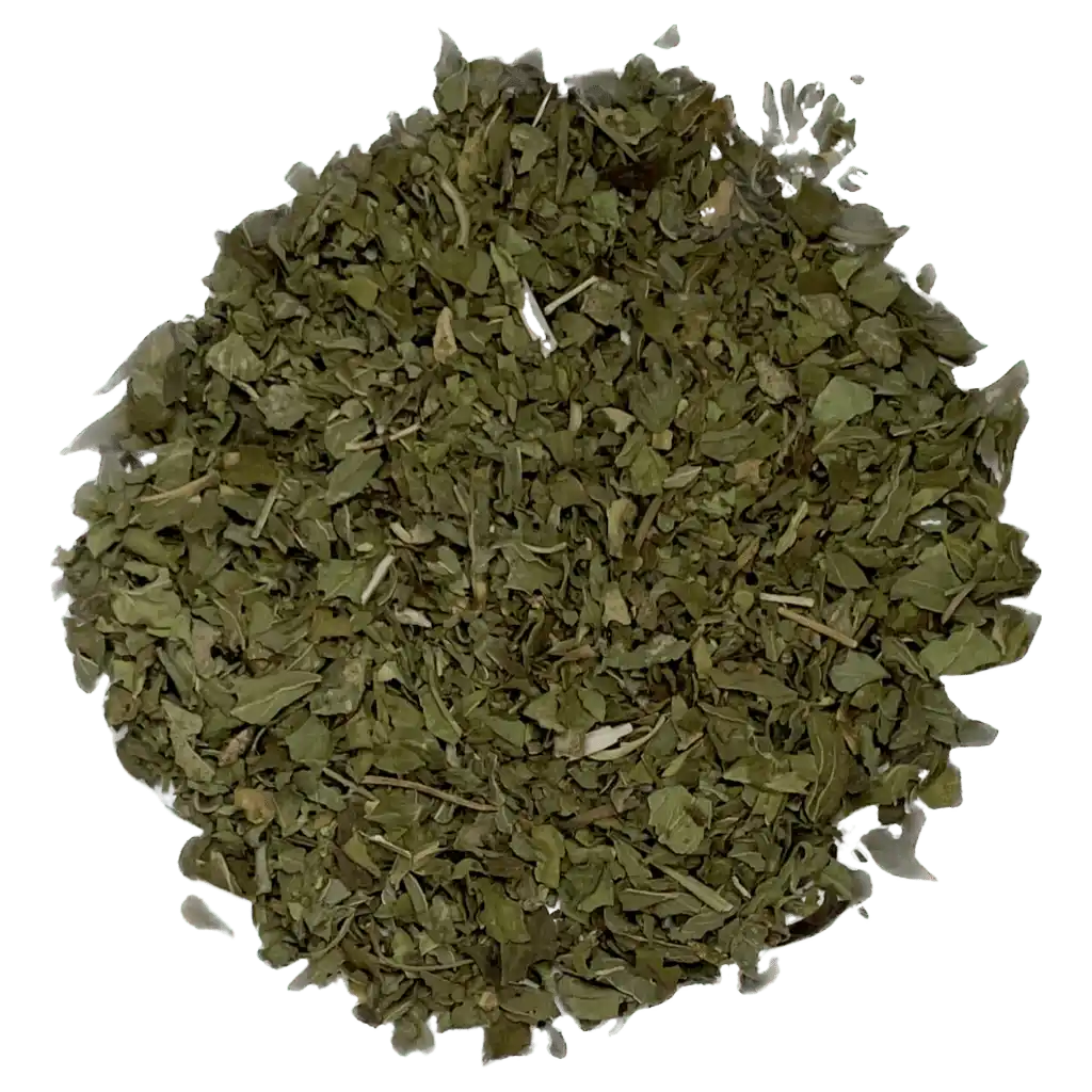 Loose leaf peppermint herbal tea ingredients. The tea contains organic peppermint leaf | tea + munchies