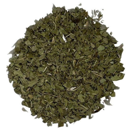 Loose leaf peppermint herbal tea ingredients. The tea contains organic peppermint leaf | tea + munchies