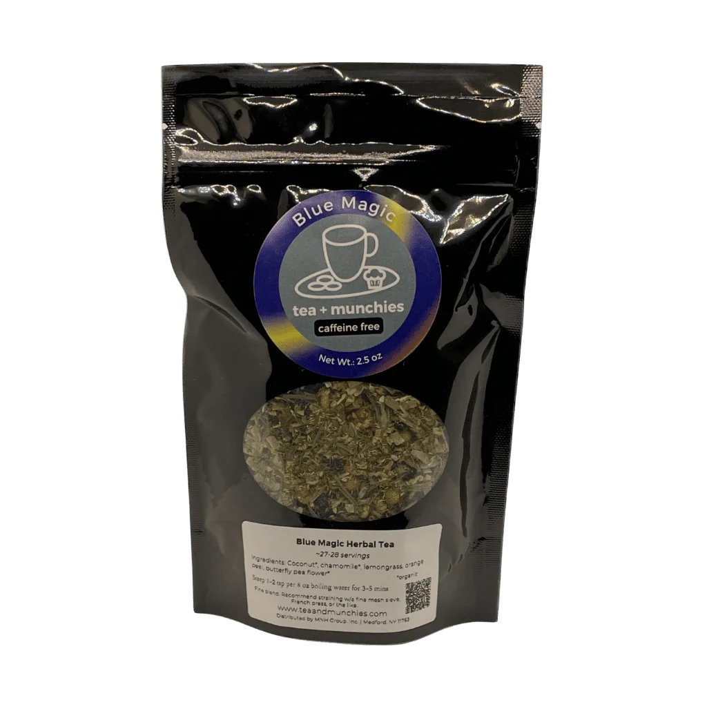 Resealable black glossy stand-up package of loose leaf Blue Magic herbal tea | tea + munchies