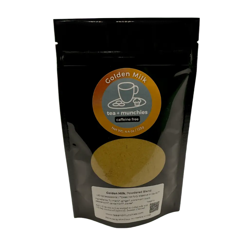 Resealable black glossy stand-up package of golden milk powdered blend | tea + munchies
