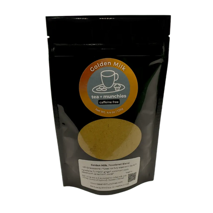 Resealable black glossy stand-up package of golden milk powdered blend | tea + munchies
