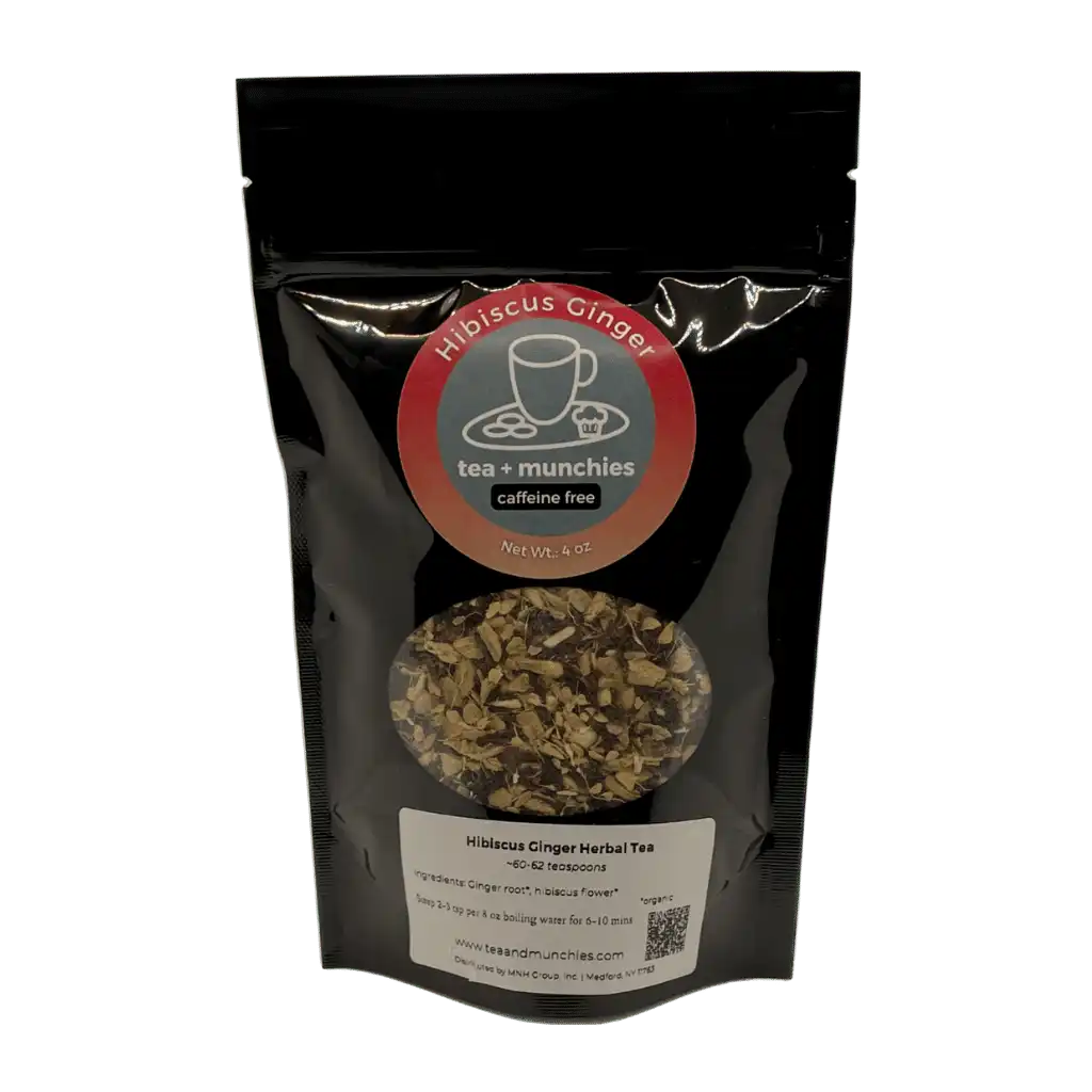 Resealable black glossy stand-up package of loose leaf hibiscus ginger herbal tea | tea + munchies