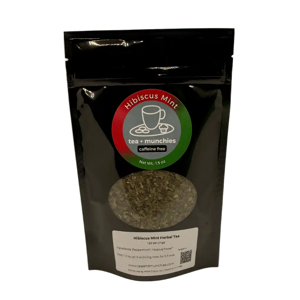 Resealable black glossy stand-up package of loose leaf hibiscus mint herbal tea | tea + munchies
