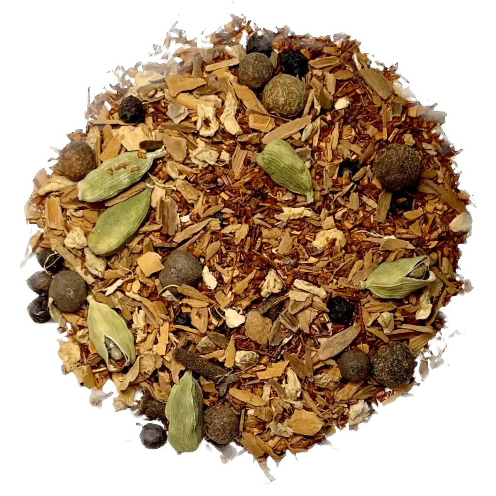 Loose leaf rooibos chai herbal tea ingredients. The tea contains organic ginger, red rooibos, cinnamon, cardamom, clove, allspice, and black pepper | tea + munchies