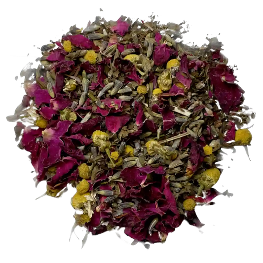 Loose leaf stress buster herbal tea ingredients. The tea contains rose petals, organic chamomile, lavender, and lemon balm | tea + munchies