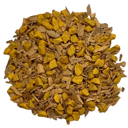 Loose leaf turmeric cinnamon herbal tea ingredients. The tea contains organic turmeric root & cinnamon | tea + munchies