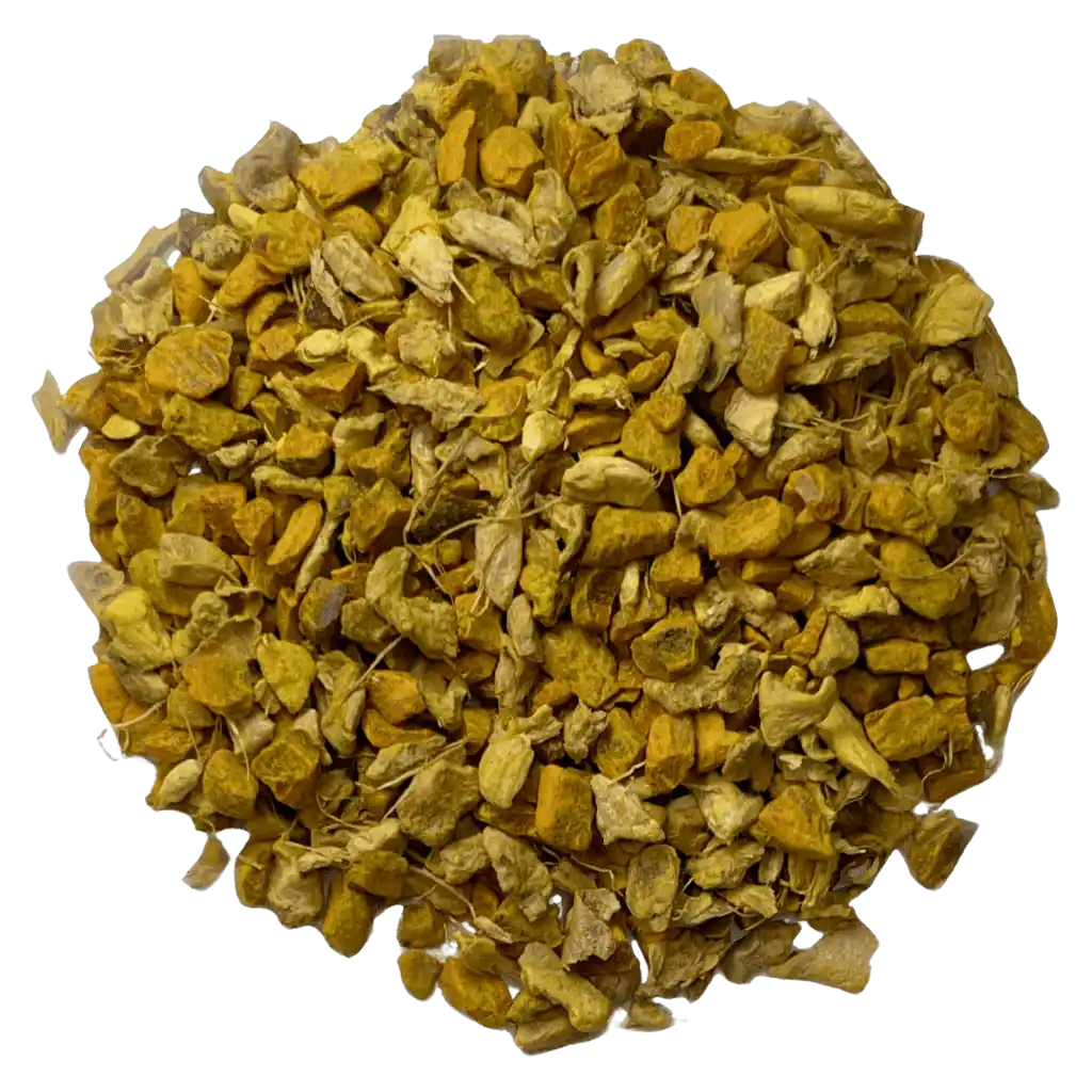 Loose leaf turmeric ginger herbal tea ingredients. The tea contains organic ginger root & turmeric root | tea + munchies