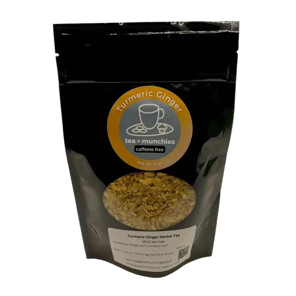 Resealable black glossy stand-up package of loose leaf turmeric ginger herbal tea | tea + munchies