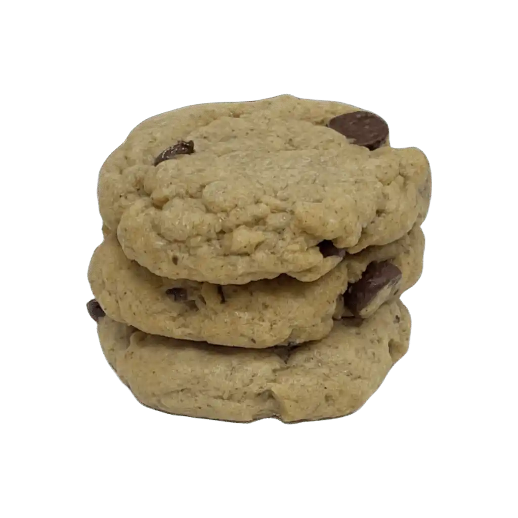 Stack of three vegan chocolate chip cookies | tea + munchies