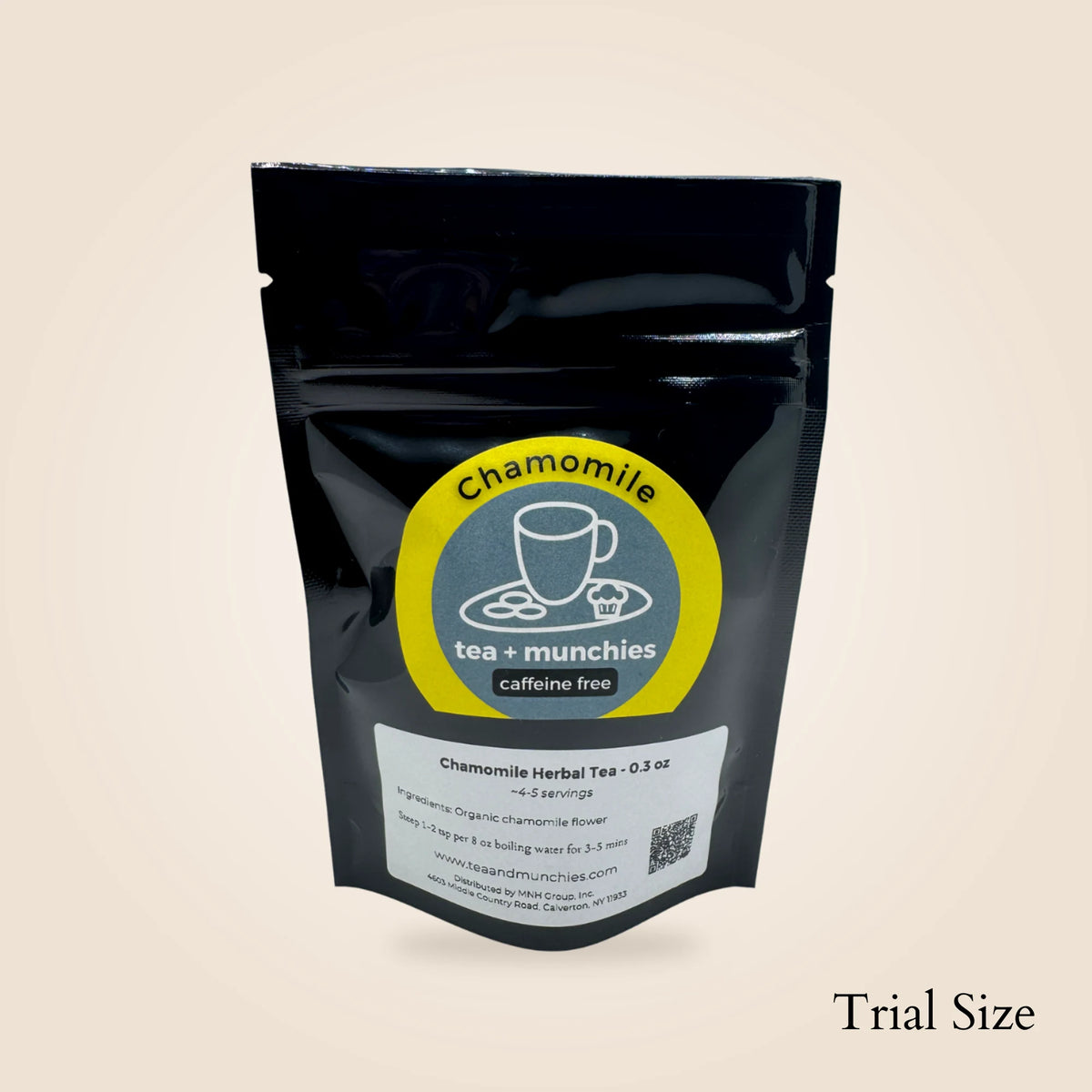 A stand-up pouch of chamomile herbal tea from tea + munchies, shown on a plain beige background with the words 'Trial Size' in the lower right corner.