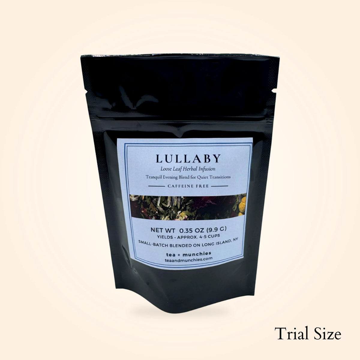 A black stand-up pouch of Lullaby Loose Leaf Herbal Infusion tea on a light beige background, with a white label on the front and the text 'Trial Size' in the bottom right corner.
