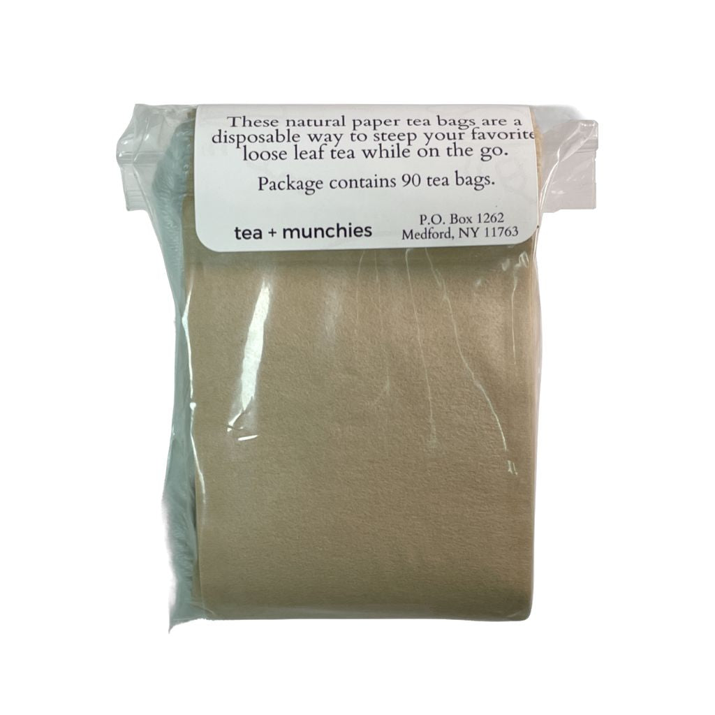 Back side of package of 90 natural paper drawstring tea bags | tea + munchies