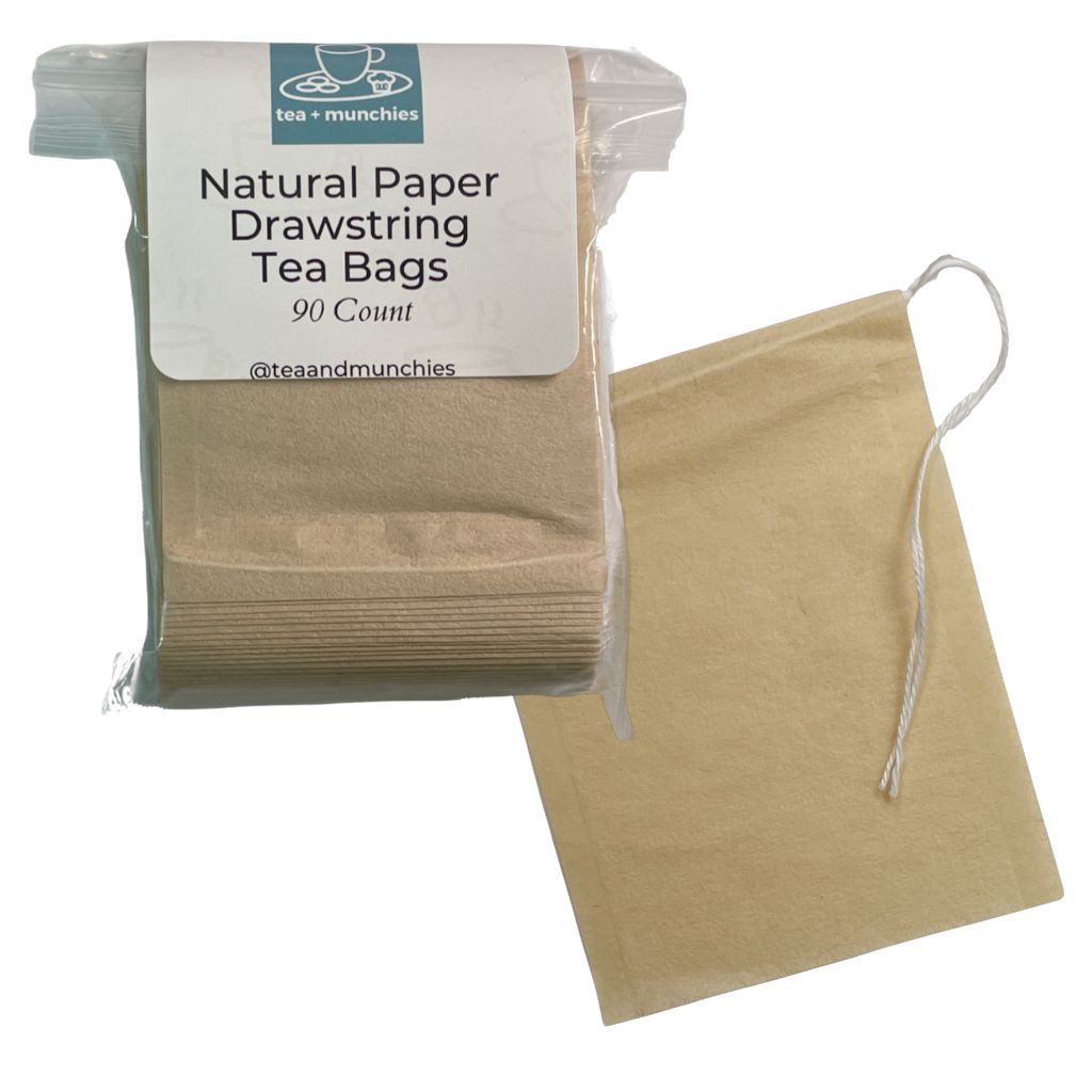 Front side of package of 90 natural paper drawstring tea bags and one standalone tea bag | tea + munchies