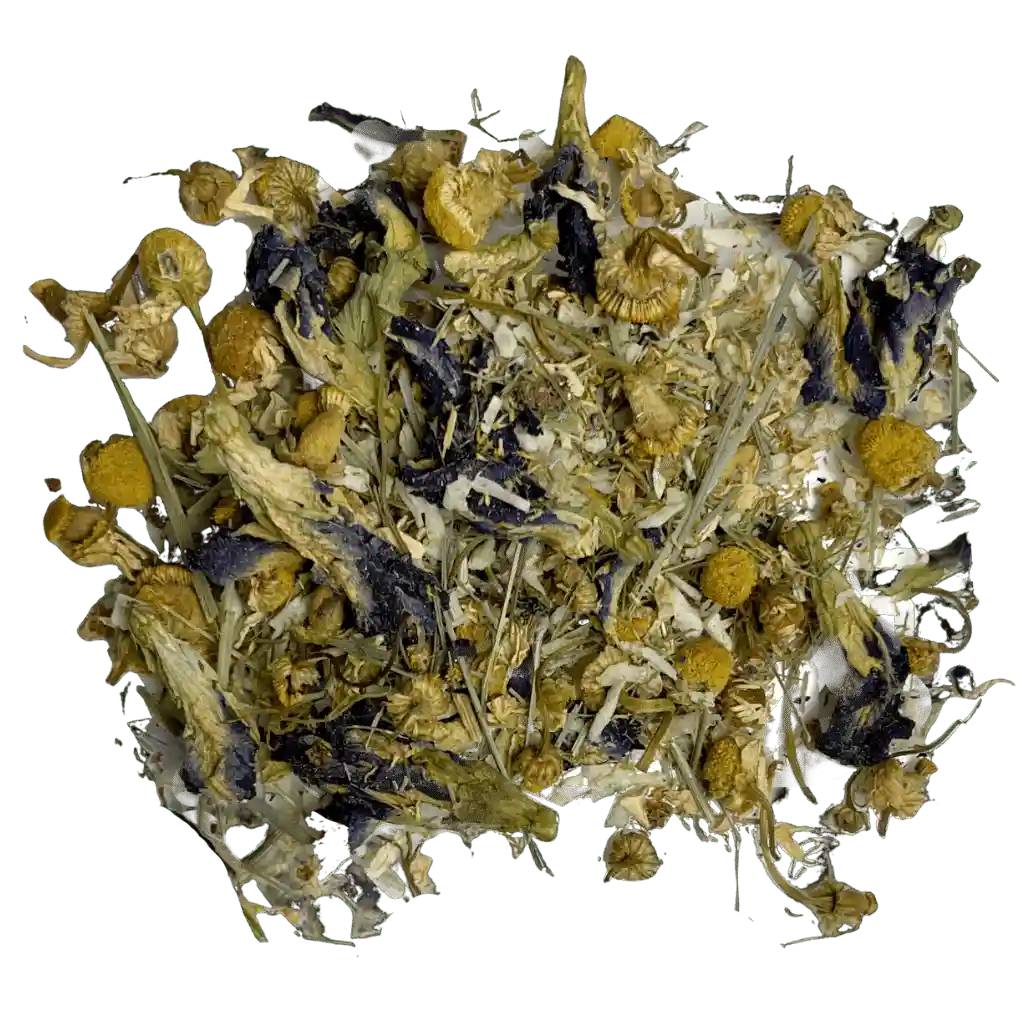 Loose leaf blue magic herbal tea ingredients. The tea contains lemongrass, orange peel, organic butterfly pea flower, coconut, and chamomile | tea + munchies