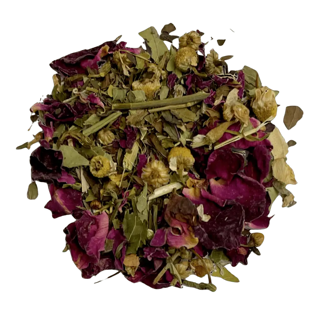 Loose leaf calm down herbal tea ingredients. The tea contains organic lemon balm, passionflower, peppermint, spearmint, rose petals, and chamomile | tea + munchies
