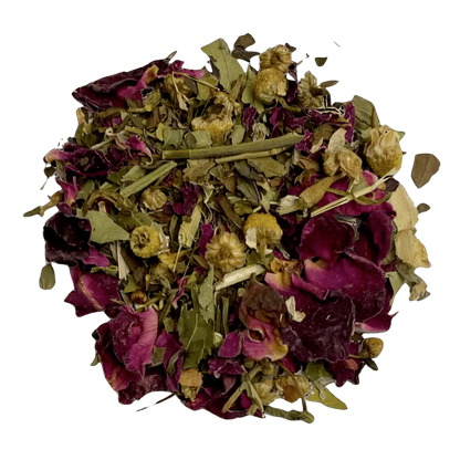 Loose leaf calm down herbal tea ingredients. The tea contains organic lemon balm, passionflower, peppermint, spearmint, rose petals, and chamomile | tea + munchies