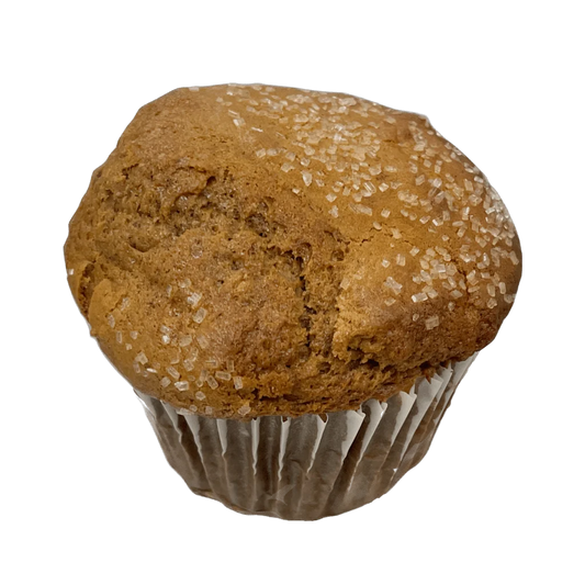 A tempting Gingerbread Muffin, sprinkled with crunchy sugar crystals. Has a golden-brown exterior and moist, spiced interior. A delightful winter treat that captures the essence of holiday warmth and indulgence. | tea + munchies