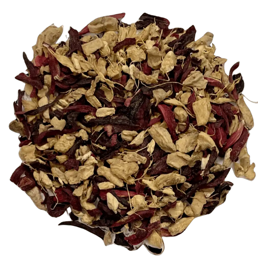 Loose leaf hibiscus ginger herbal tea ingredients. The tea contains organic ginger root and hibiscus flower | tea + munchies
