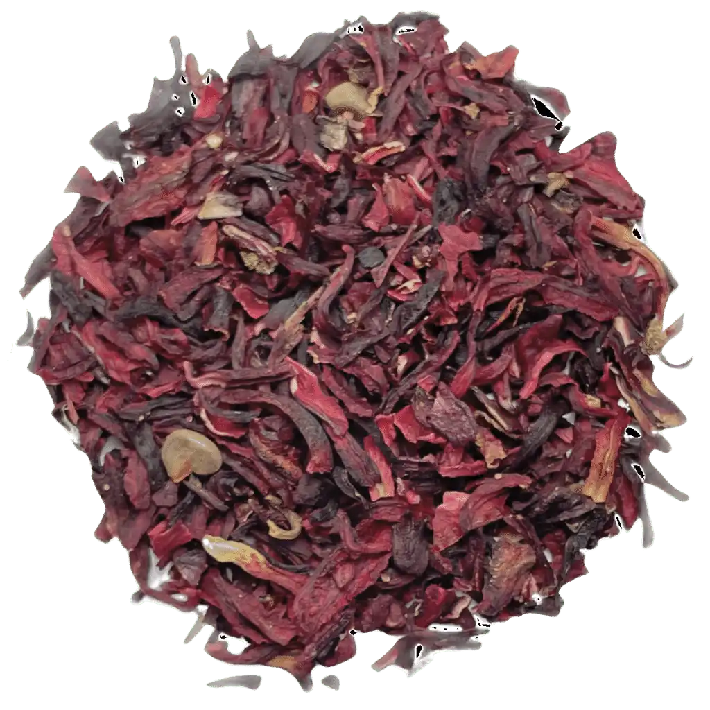 Loose leaf hibiscus flower herbal tea ingredients. The tea contains organic peppermint and hibiscus flower | tea + munchies