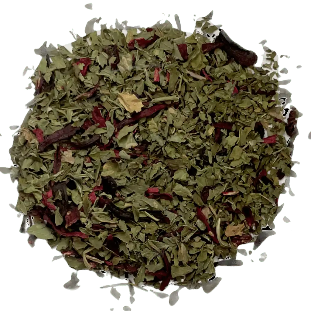 Loose leaf hibiscus mint herbal tea ingredients. The tea contains organic peppermint and hibiscus flower | tea + munchies