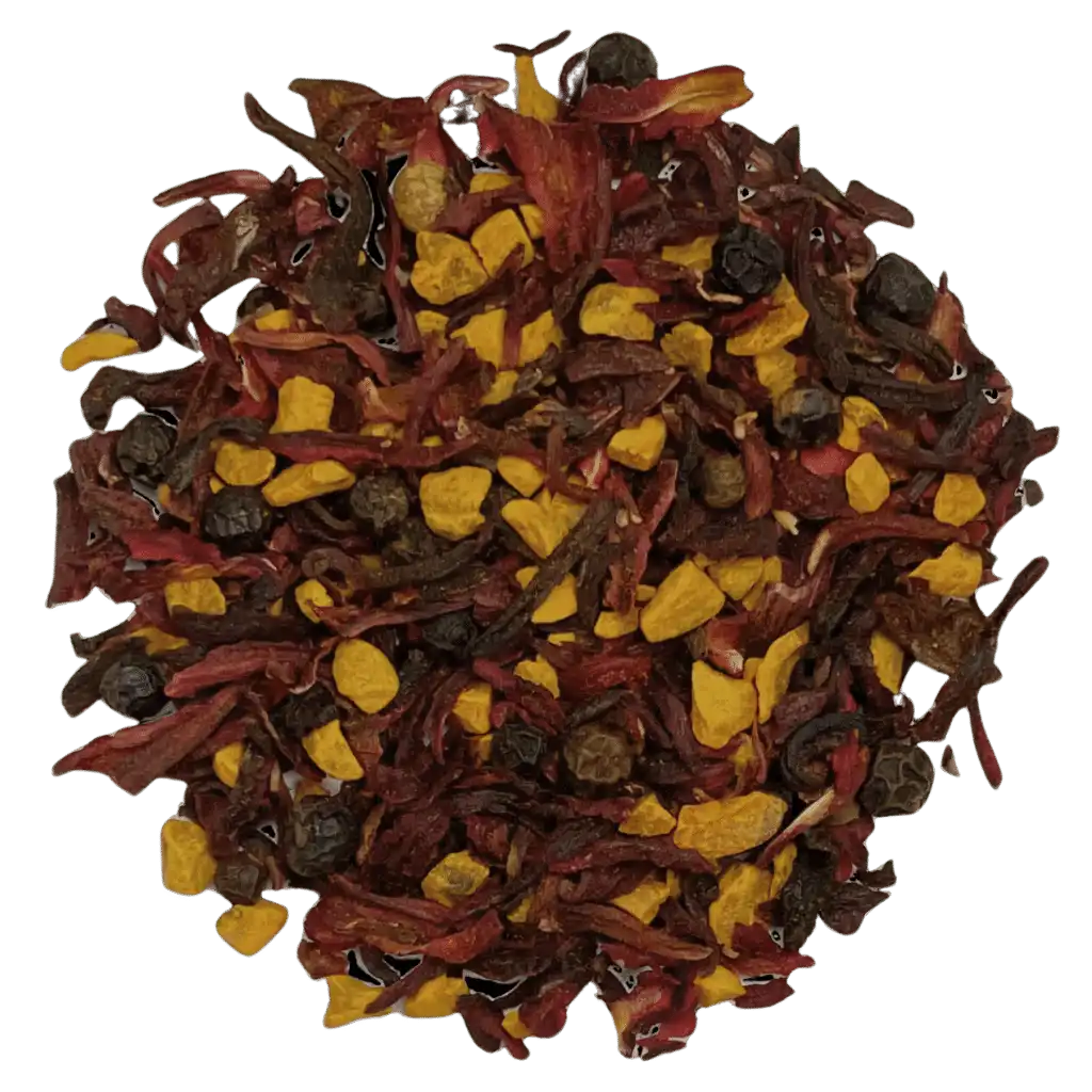Loose leaf hibiscus turmeric herbal tea ingredients. The tea contains organic turmeric root, hibiscus flower, and black peppercorn | tea + munchies