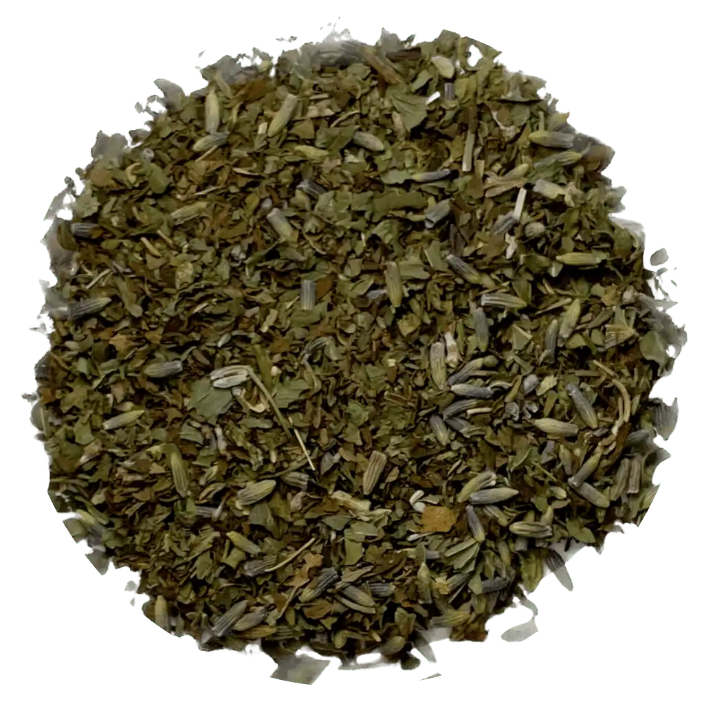 Loose leaf lavender mint herbal tea ingredients. The tea contains organic lavender, peppermint, and spearmint | tea + munchies