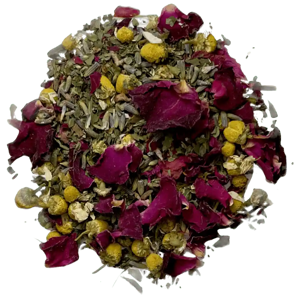 Loose leaf lullaby herbal tea ingredients. The tea contains rose petals, and organic peppermint, chamomile, and lavender | tea + munchies