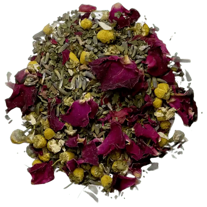 Loose leaf lullaby herbal tea ingredients. The tea contains rose petals, and organic peppermint, chamomile, and lavender | tea + munchies