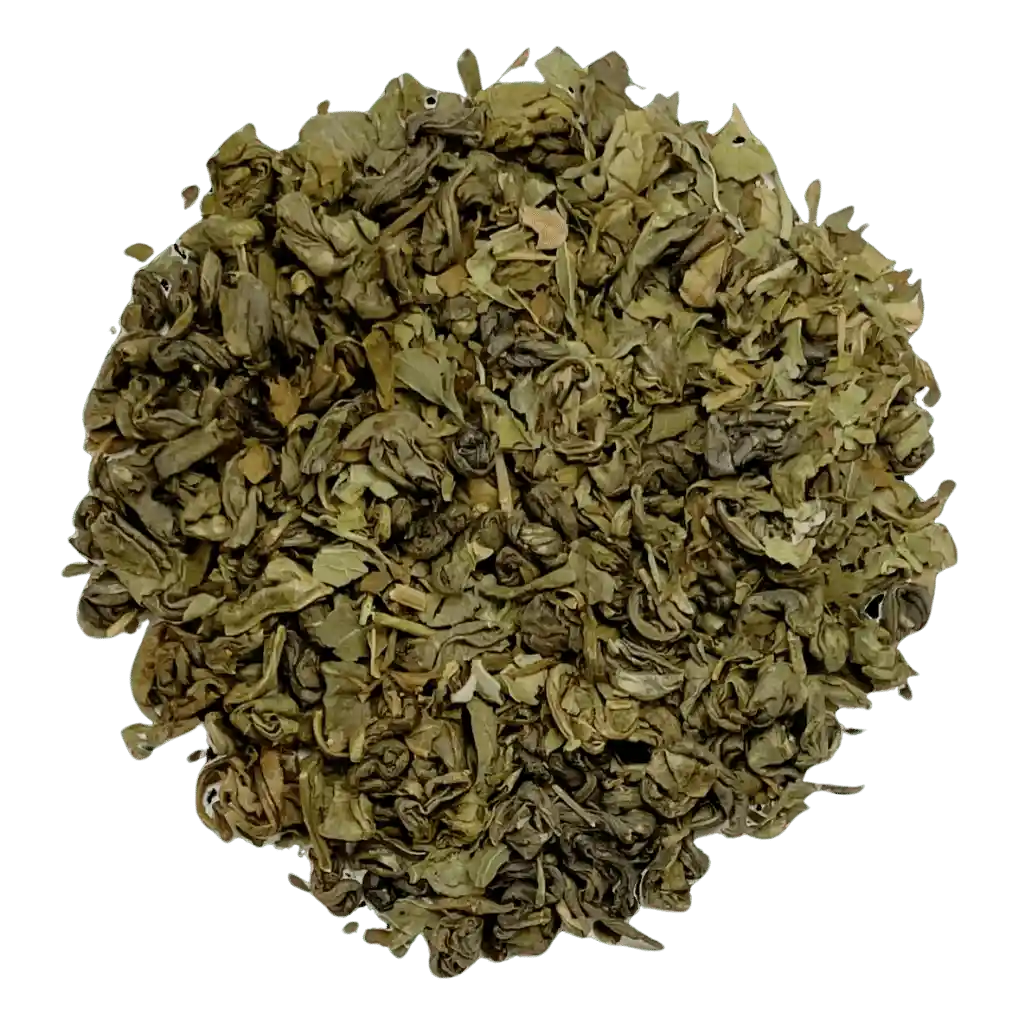 Loose leaf moroccan mint tea ingredients. The tea contains organic gunpowder green tea, peppermint, and spearmint | tea + munchies