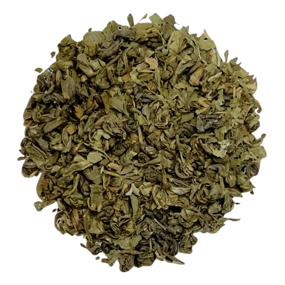 Loose leaf moroccan mint tea ingredients. The tea contains organic gunpowder green tea, peppermint, and spearmint | tea + munchies