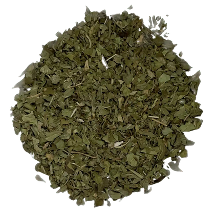 Loose leaf peppermint herbal tea ingredients. The tea contains organic peppermint leaf | tea + munchies