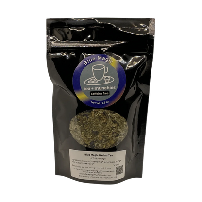 Resealable black glossy stand-up package of loose leaf Blue Magic herbal tea | tea + munchies