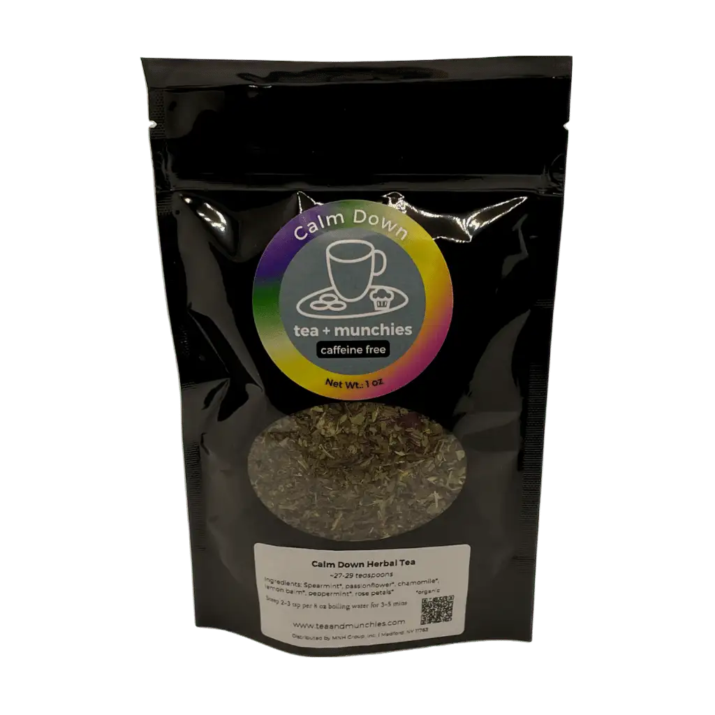 Resealable black glossy stand-up package of loose leaf calm down herbal tea | tea + munchies
