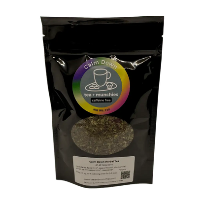 Resealable black glossy stand-up package of loose leaf calm down herbal tea | tea + munchies