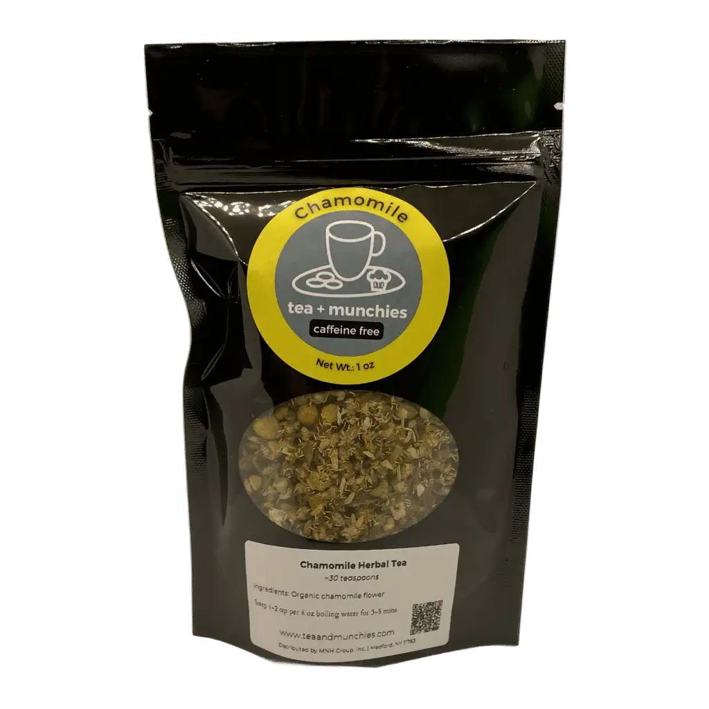 Resealable black glossy stand-up package of loose leaf chamomile herbal tea | tea + munchies