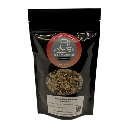 Resealable black glossy stand-up package of loose leaf hibiscus ginger herbal tea | tea + munchies