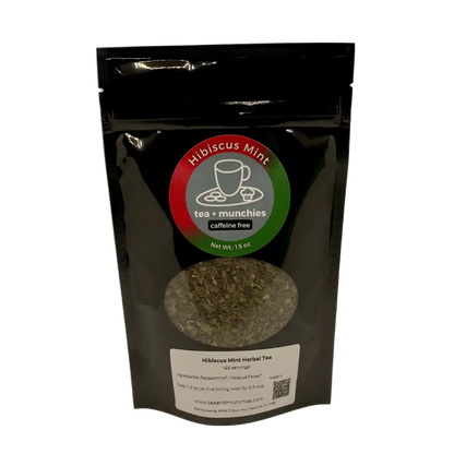 Resealable black glossy stand-up package of loose leaf hibiscus mint herbal tea | tea + munchies