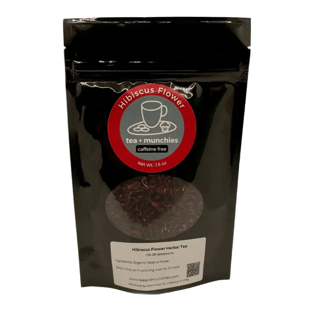 Resealable black glossy stand-up package of loose leaf hibiscus herbal tea | tea + munchies
