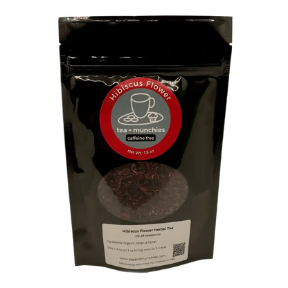Resealable black glossy stand-up package of loose leaf hibiscus herbal tea | tea + munchies