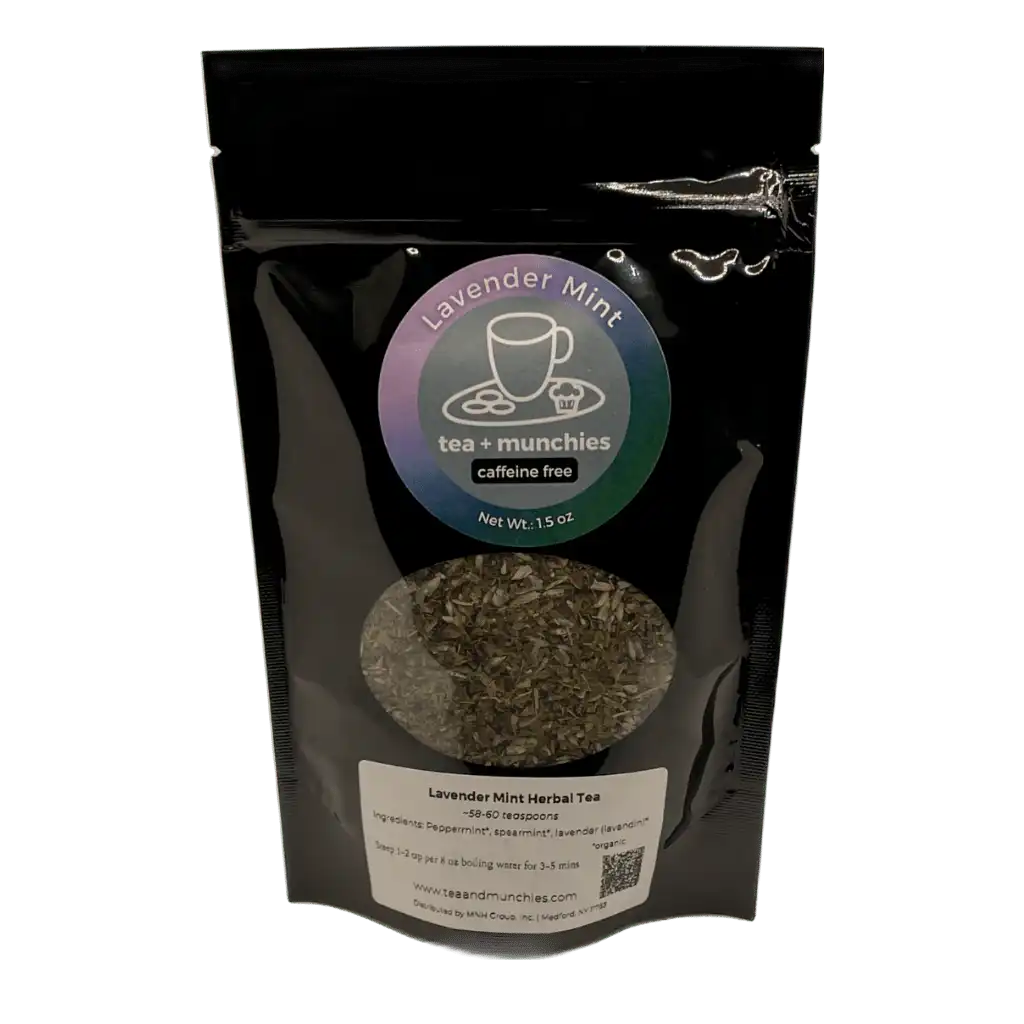 Resealable black glossy stand-up package of loose leaf lavender mint herbal tea | tea + munchies