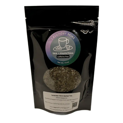 Resealable black glossy stand-up package of loose leaf lavender mint herbal tea | tea + munchies