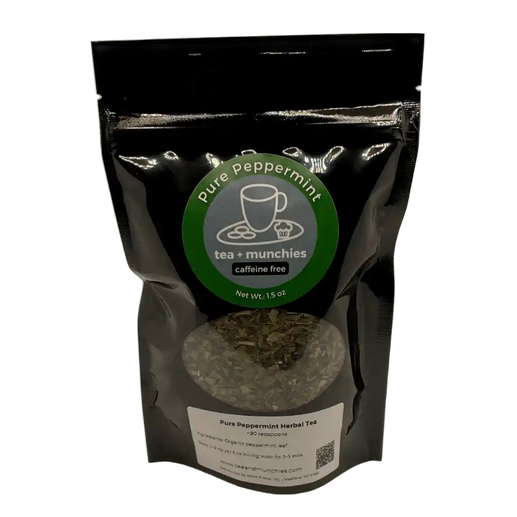 Resealable black glossy stand-up package of loose leaf peppermint herbal tea | tea + munchies