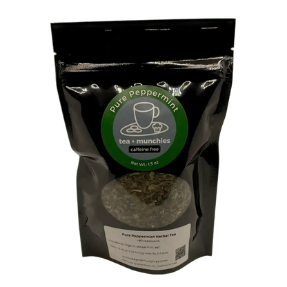 Resealable black glossy stand-up package of loose leaf peppermint herbal tea | tea + munchies
