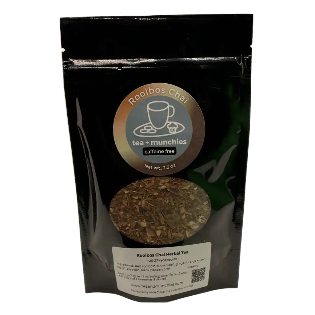 Resealable black glossy stand-up package of loose leaf rooibos chai herbal tea | tea + munchies