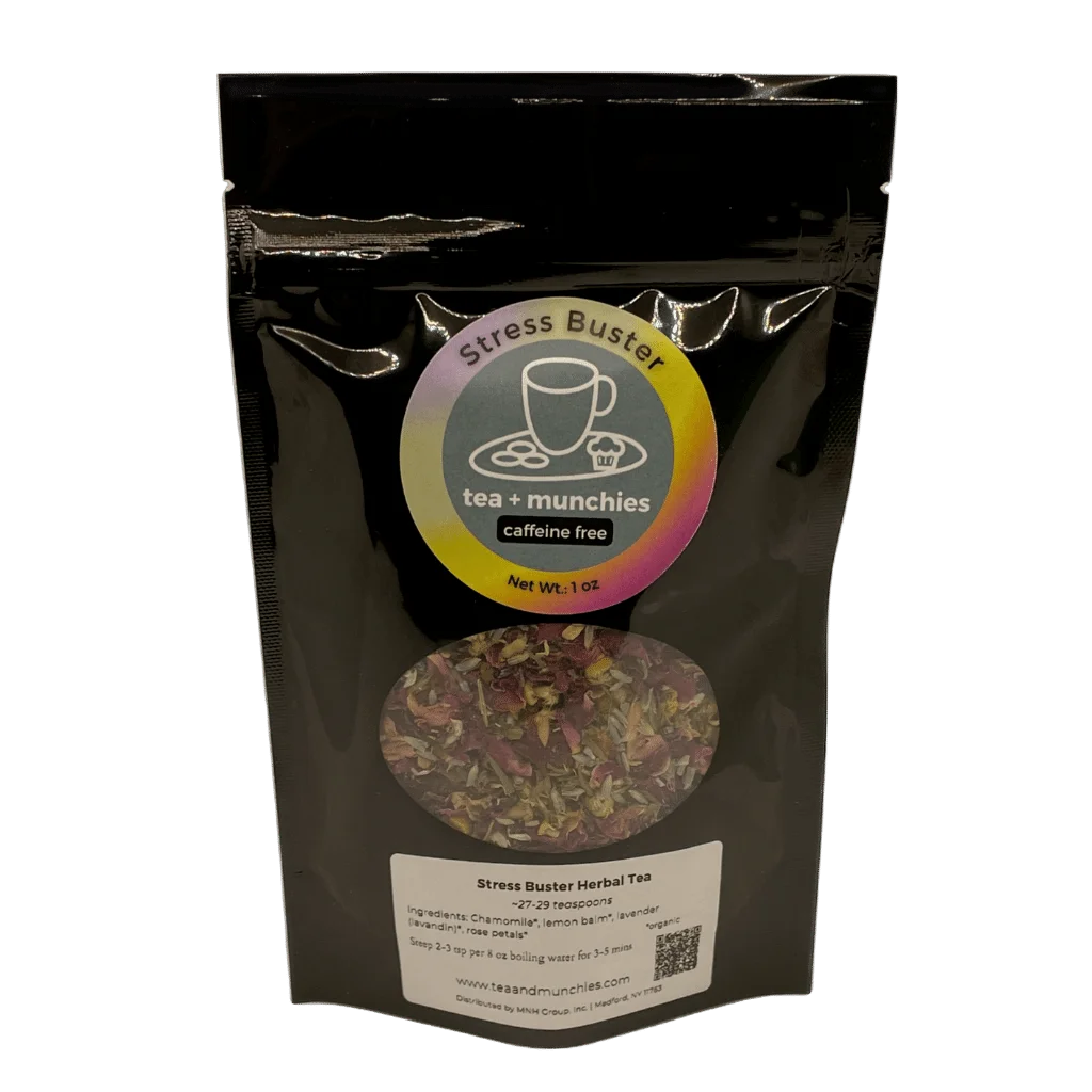 Resealable black glossy stand-up package of loose leaf stress buster herbal tea on | tea + munchies